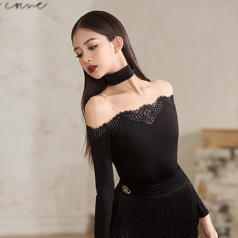 星辰拉丁舞服「流影」蕾丝边一字领长袖拉丁舞练习服