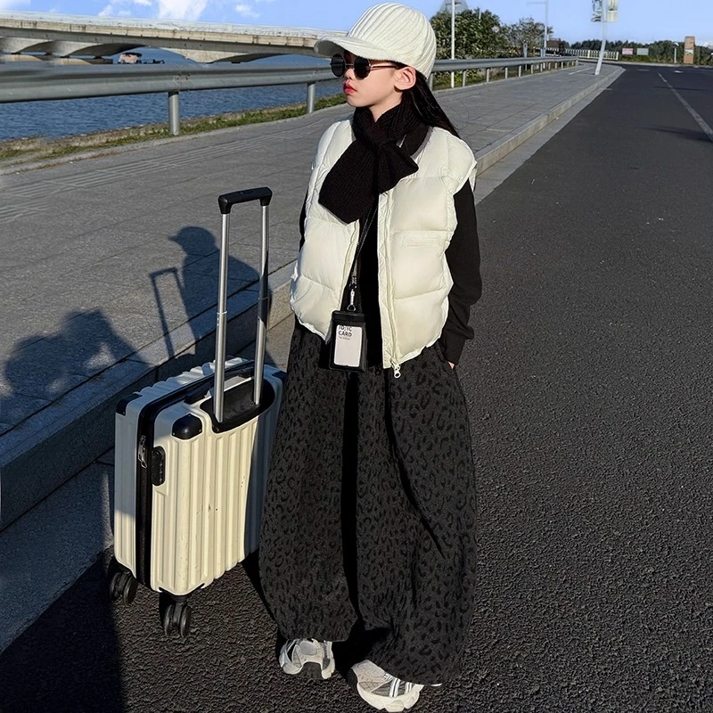 女童冬款加绒豹纹裤新款儿童冬装一体绒阔腿裤中大童女孩弯刀裤子