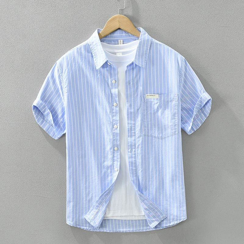 Cebrodz蓝色条纹短袖衬衫男士舒适全棉夏百搭牛津纺衬衣上班通勤