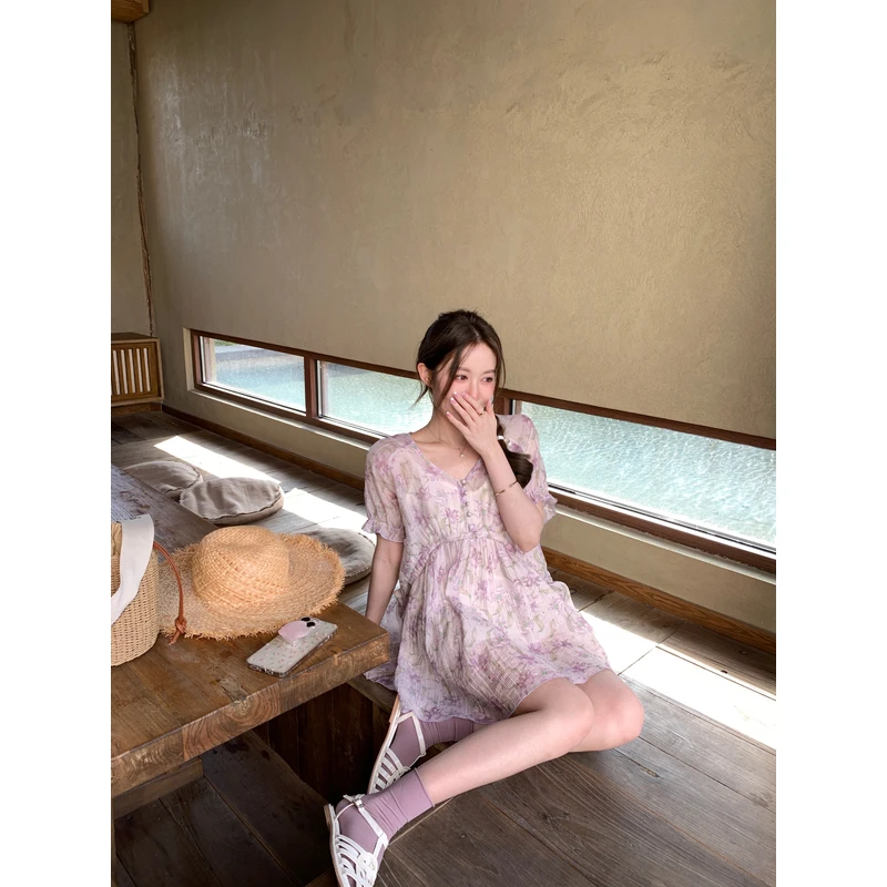 萌萌Ja」紫鸢 法式碎花气质连衣裙绑带设计v领a字显瘦连衣裙女夏