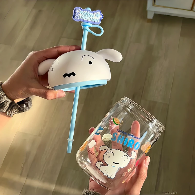 蜡笔小新玻璃杯子耐高温防爆水杯吸管杯牛奶杯高硼硅家用玻璃水杯