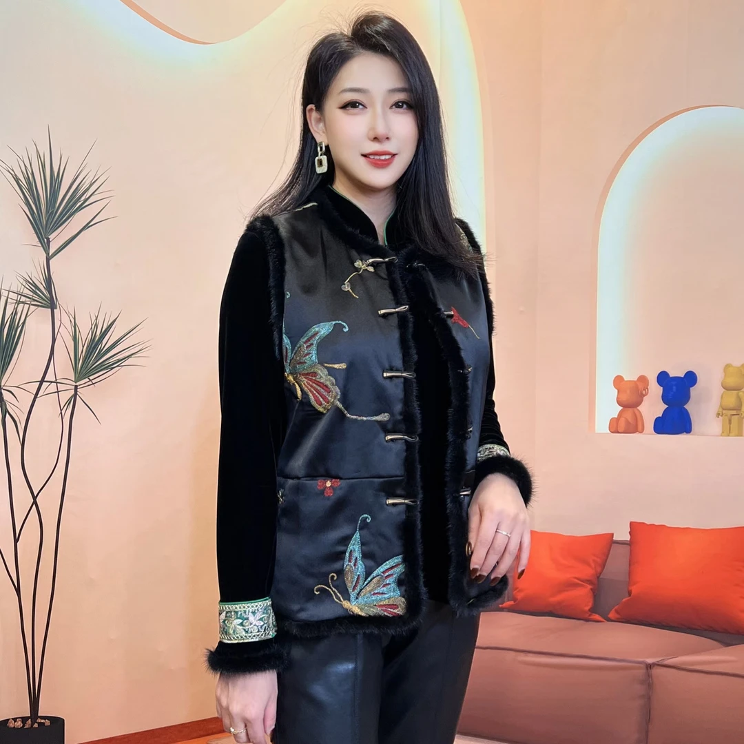 秋冬中国风中式加厚保绣花保暖领口提花时尚貂毛蝴蝶棉马甲（娜）