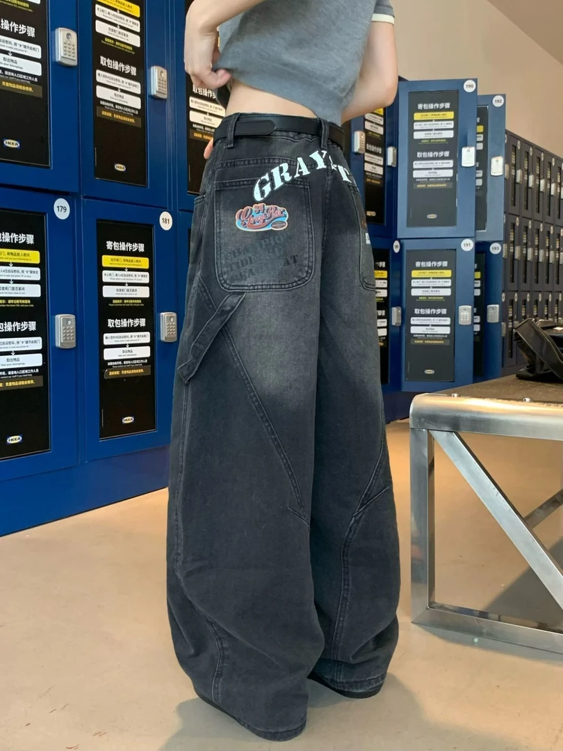 美式复古高街印花阔腿牛仔裤女秋季新款设计感宽松百搭垂感弯刀裤