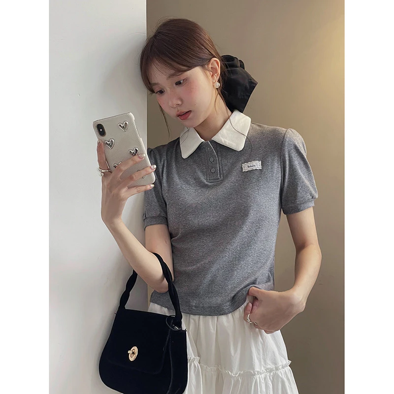 【现货+运费险】韩系舒适通勤撞色POLO领短袖衬衫夏季新款日韩休闲