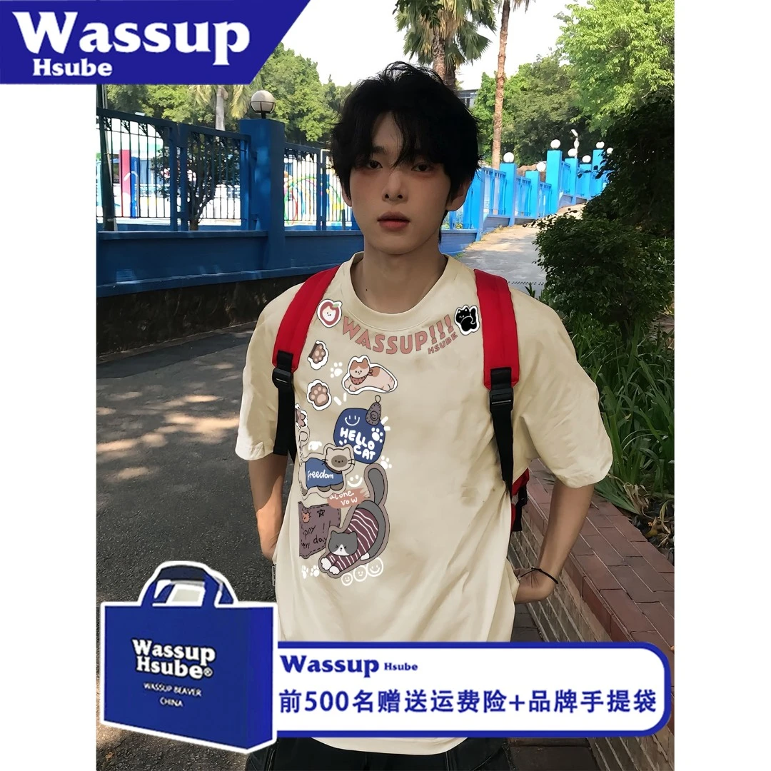 WASSUP HSUBE个性时尚卡通贴纸夏季休闲印花短袖T恤男女款纯棉tee