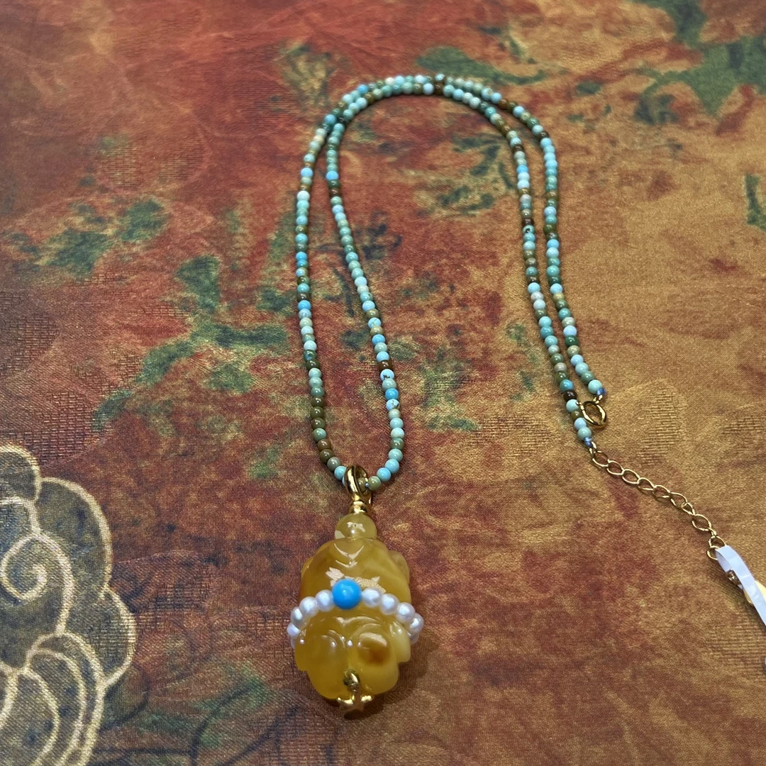 【珺笙珠宝】小熊蜜蜡搭配圆珠项链
