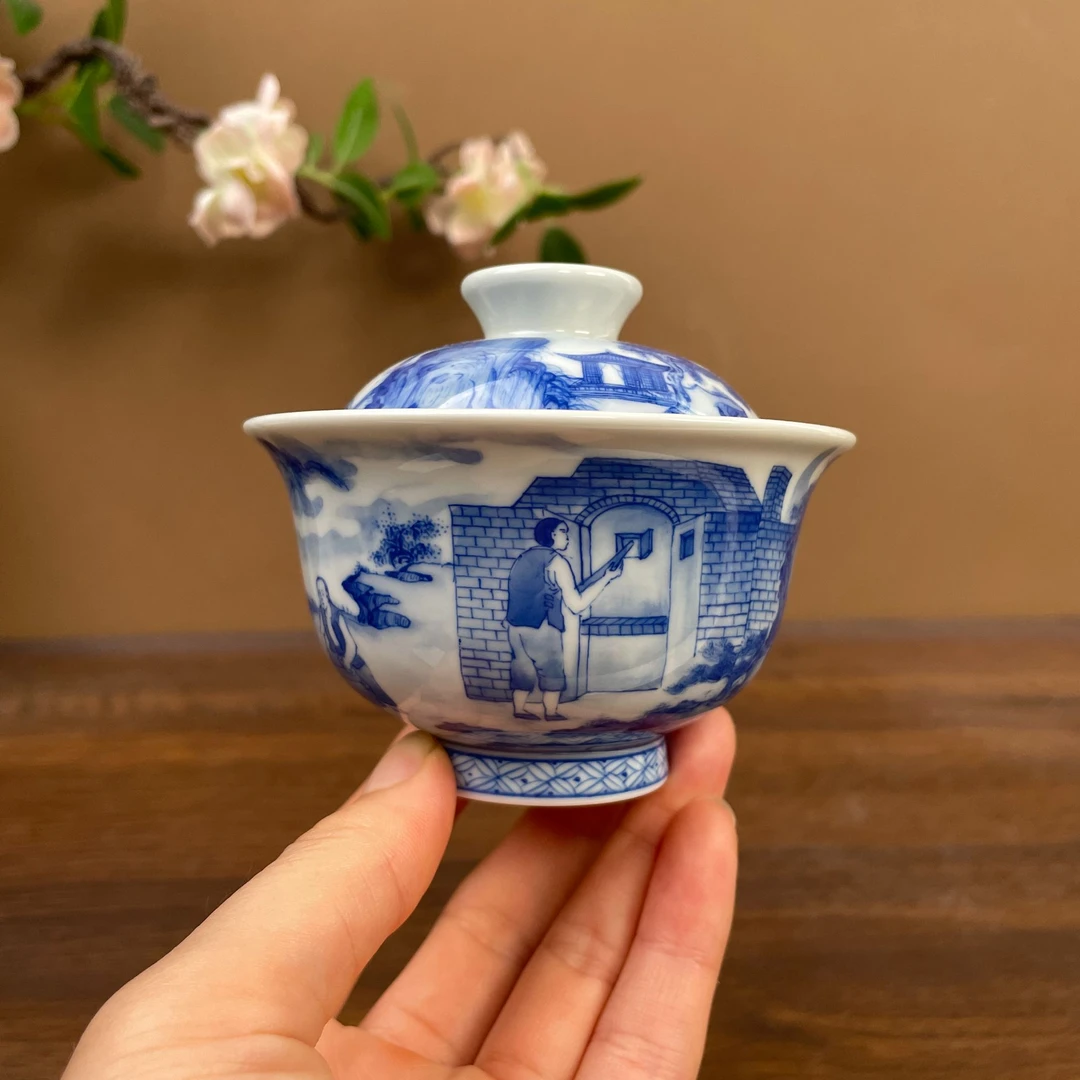 【九茗珍藏】林意宋画山水窑前树盖碗130cc 手工手绘景德镇茶具