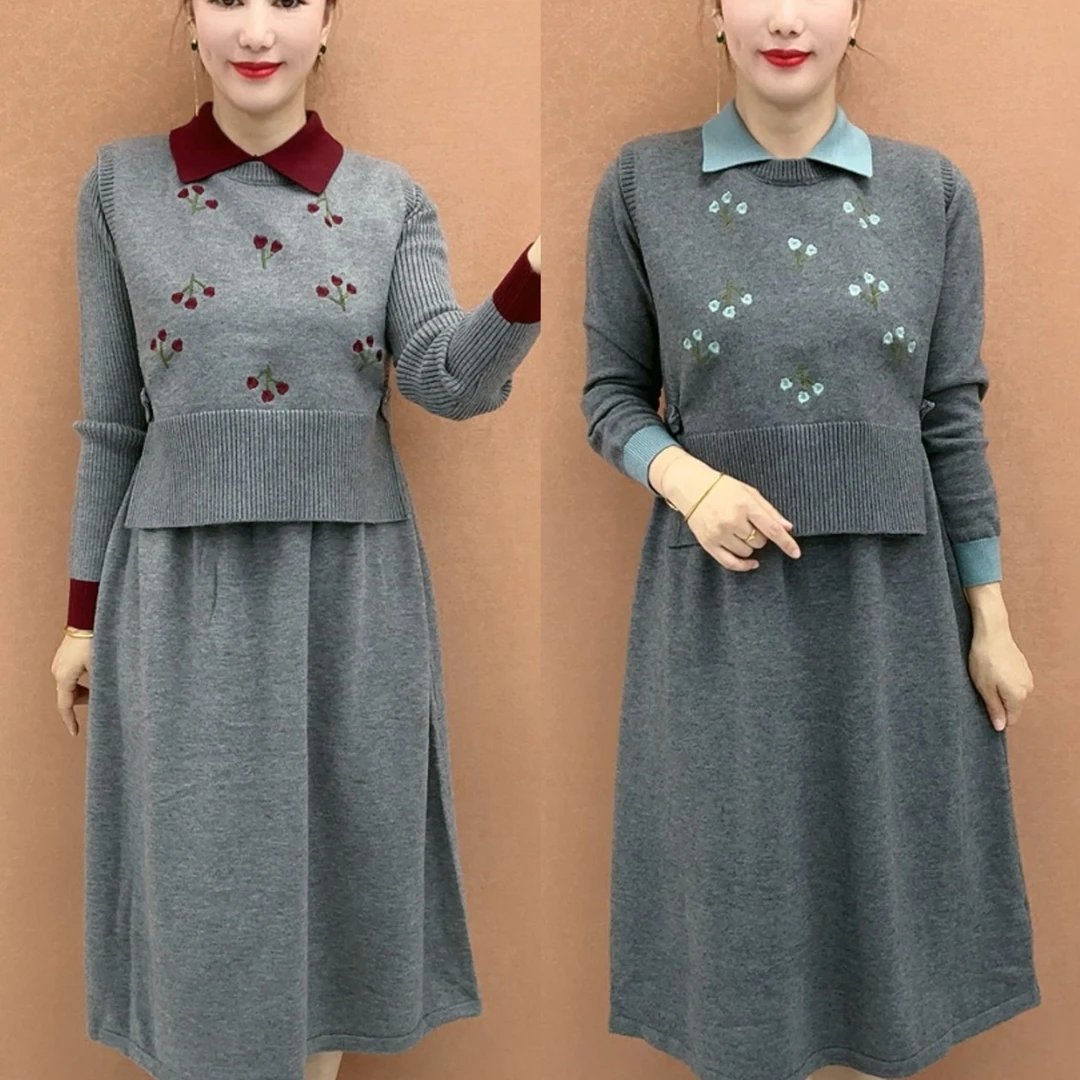 X时尚刺绣樱桃针织马甲加连衣裙