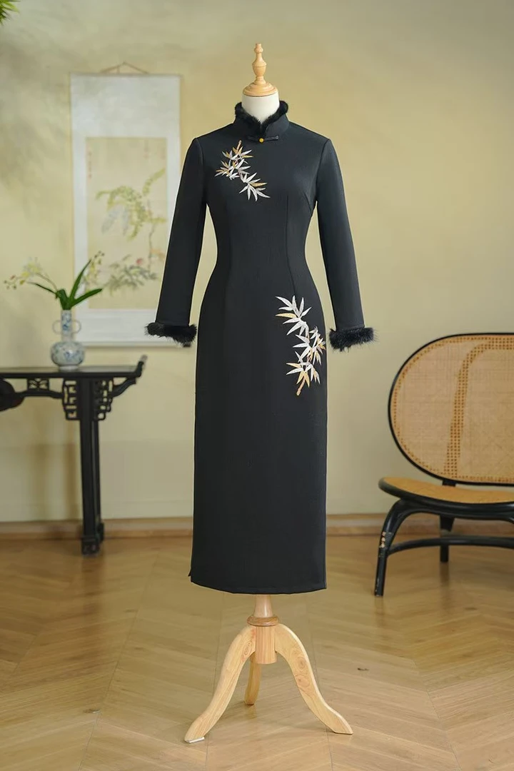 旗袍  秋冬款 加绒 长款（衣长约120cm）墨竹 C407