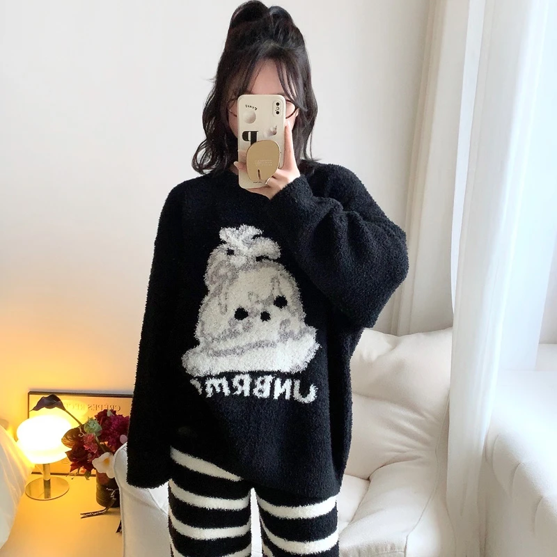 可爱茶杯犬卡通软绵绵家居服套装女秋冬季保暖加厚卡通狗狗睡衣女