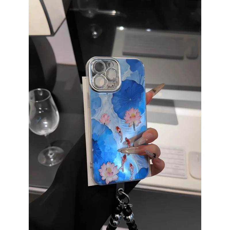 水墨荷花锦鲤适用苹果17pro手机壳16精孔羽纱华为p荣耀oppo小米15