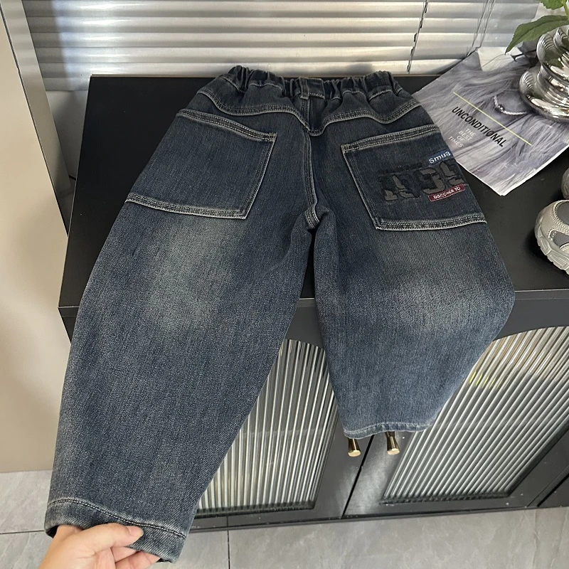 男童牛仔裤加绒加厚时尚百搭休闲裤冬季老爹裤男孩直筒裤