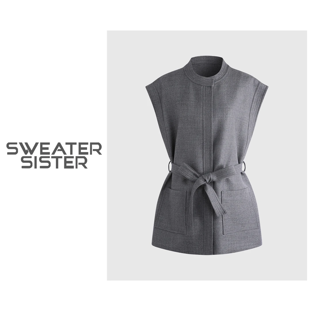 通勤百搭系带马夹简约大方羊毛马甲外套女5156-25222