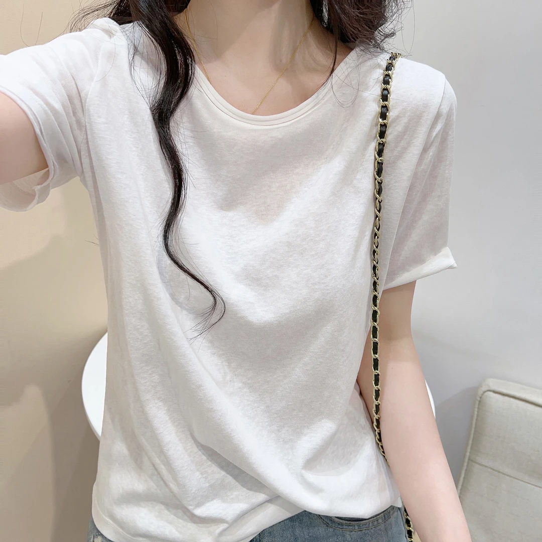 薄款透气雪花棉圆领卷边正肩短袖t恤女夏季纯色宽松显瘦内搭上衣