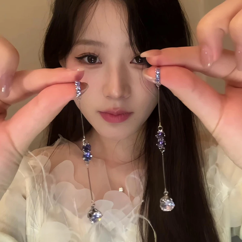 铜合金耳饰 银质紫钻透明钻流苏耳线 优雅浪漫梦幻耳饰新款耳饰
