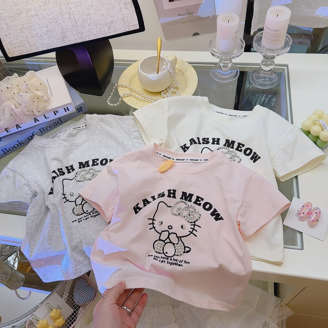 【亲子装】儿童短袖可爱小猫印花T恤立体钉珠辣妹T夏季宽松百搭上衣