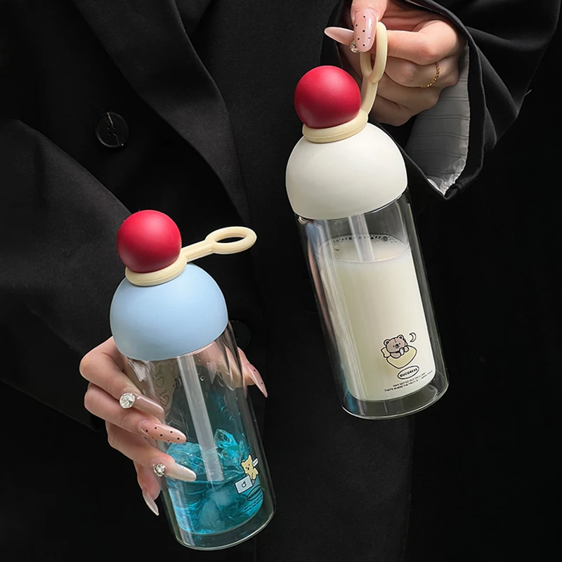 Gucgres双层玻璃水杯女生高颜值吸管杯隔热泡茶杯可爱便携杯子