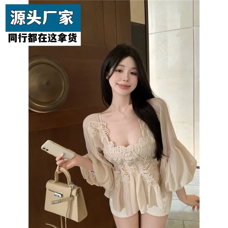 梵乐芬蕾丝拼接法式泡泡袖雪纺衬衫女夏季设计感小众超仙衬衣吊带