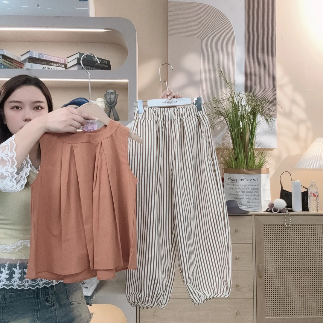 【谷语制衣】南瓜色无袖上衣+条纹裤套装女大童-631