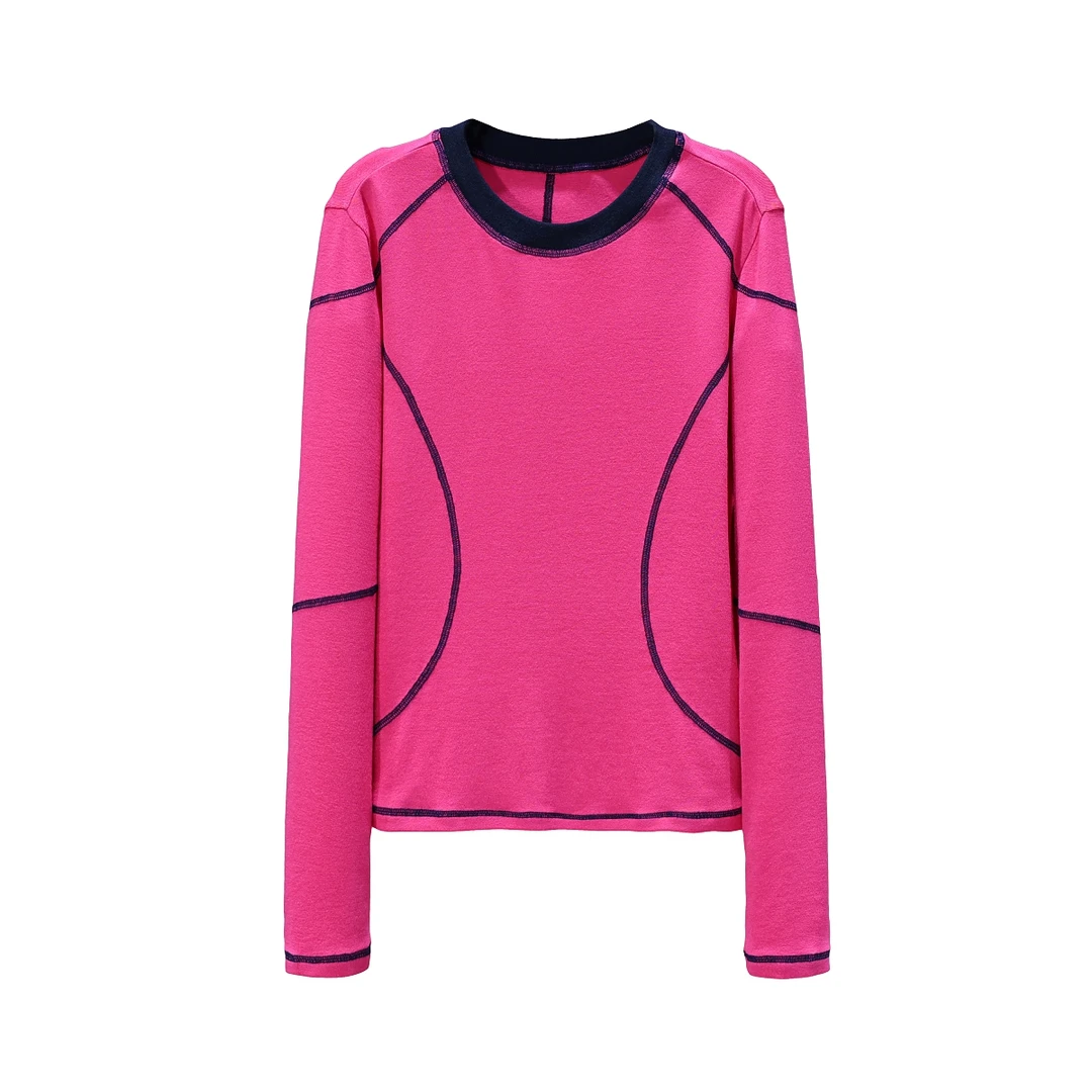 【LIANG哥女装】2025欧货时尚洋红色撞色明辑线修身打底衫6652A