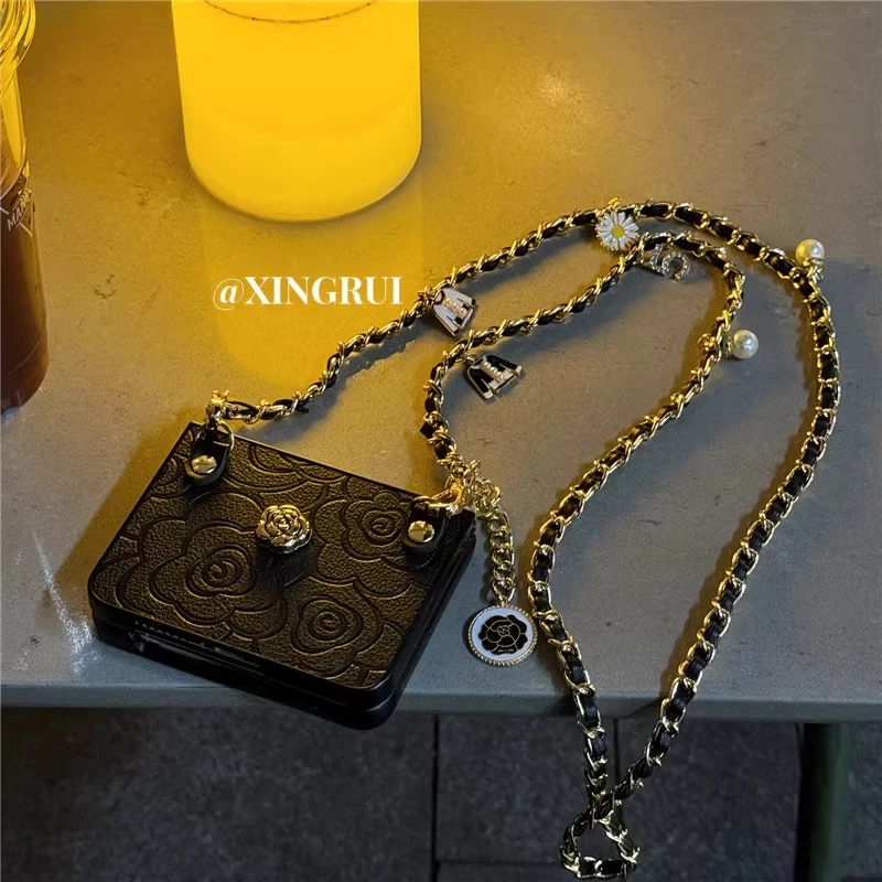 适用华为PuraX典藏版阔折叠手机壳气质山茶花皮纹手提斜挎保护套