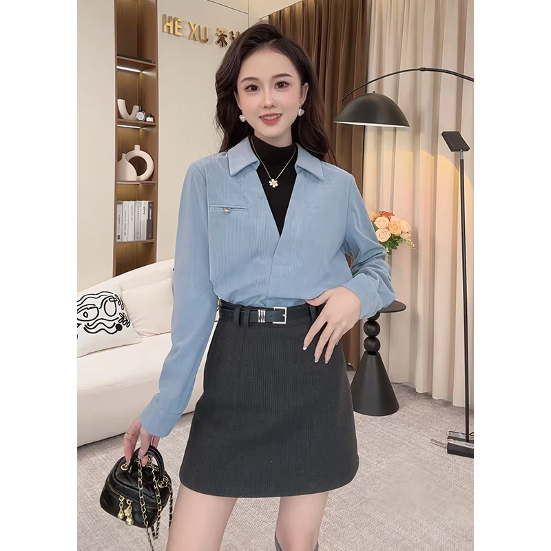 法式气质翻领假两件长袖衬衫女2024秋季新款百搭宽松显瘦设计感