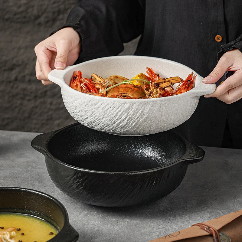 釉下彩石纹简约双耳汤碗防烫日式泡面碗家用碗水果螺蛳粉汤盆