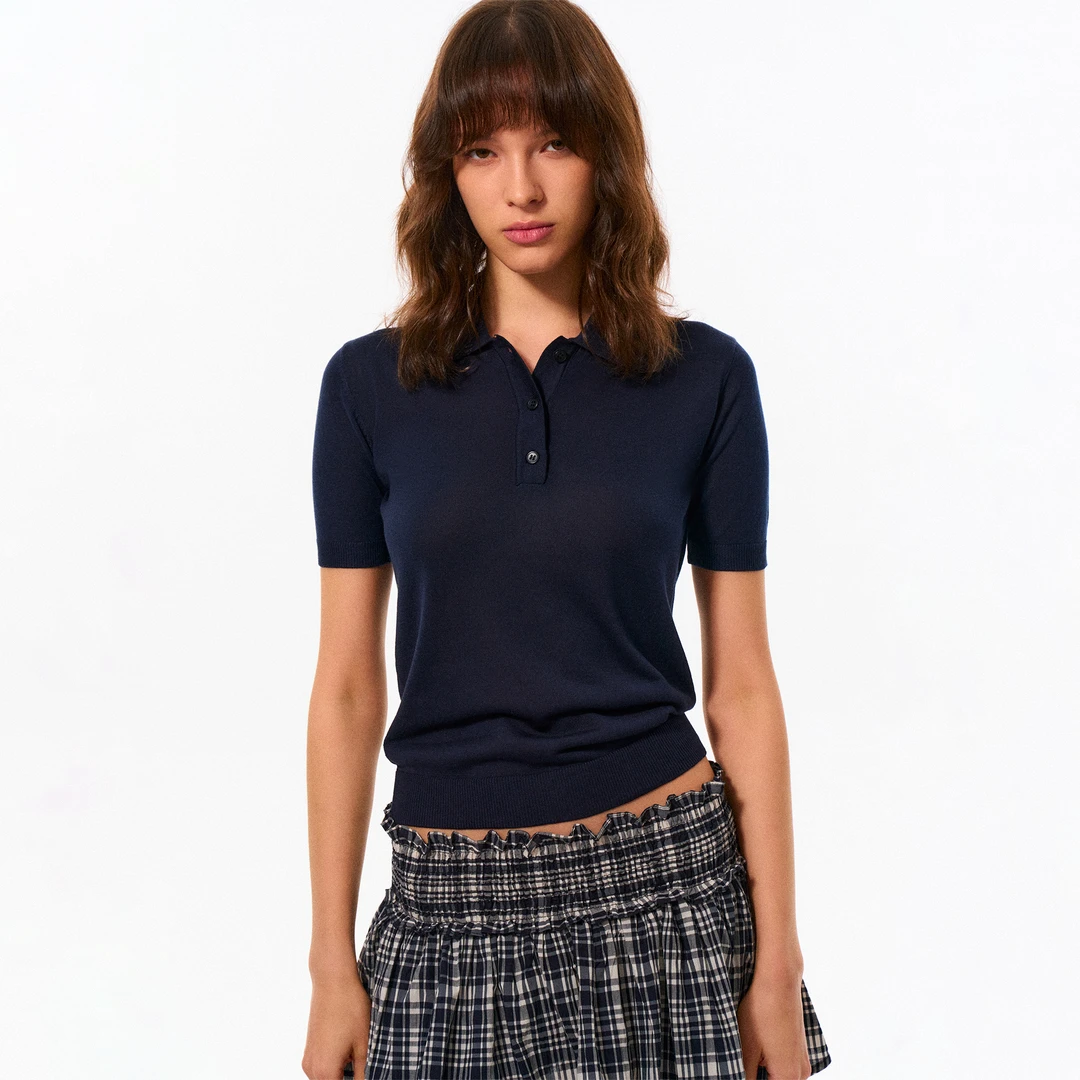 FIRSTFLOOR夏季原创设计感复古毛织宽松收腰翻领休闲polo衫女