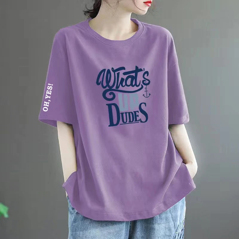时尚潮牌100%纯棉短袖T恤女2025夏季百搭大码宽松版休闲减龄上衣