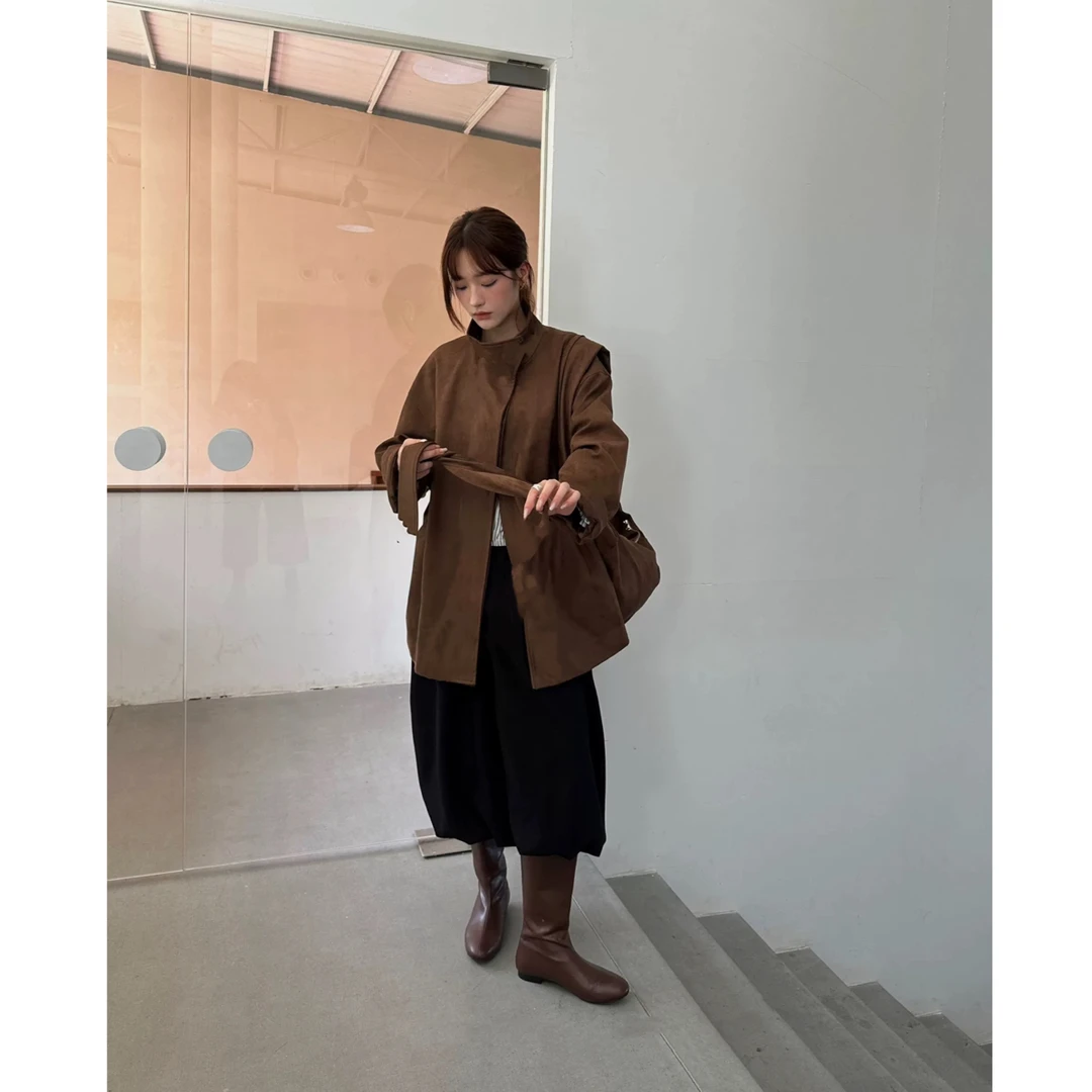 Y168813-气质韩版复古立领设计感外套女配包宽松休闲中长款大衣