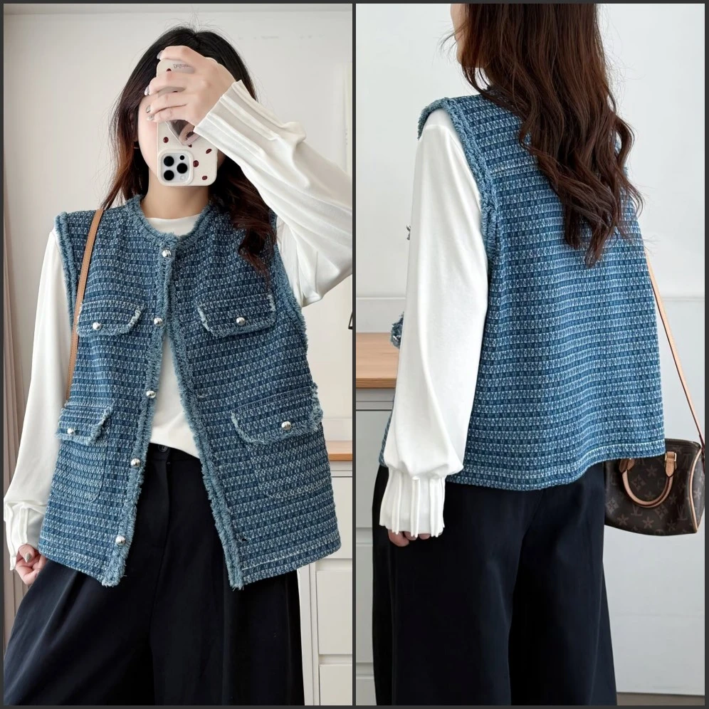 【琦琦】120-200斤大码女装小香风洋气时尚遮肉牛仔马甲马夹外套