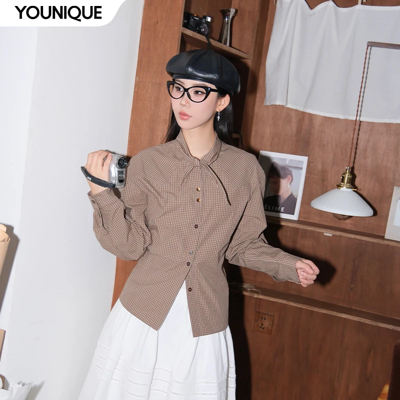 【ICE DUST】新品25早秋系带格纹收腰衬衫女