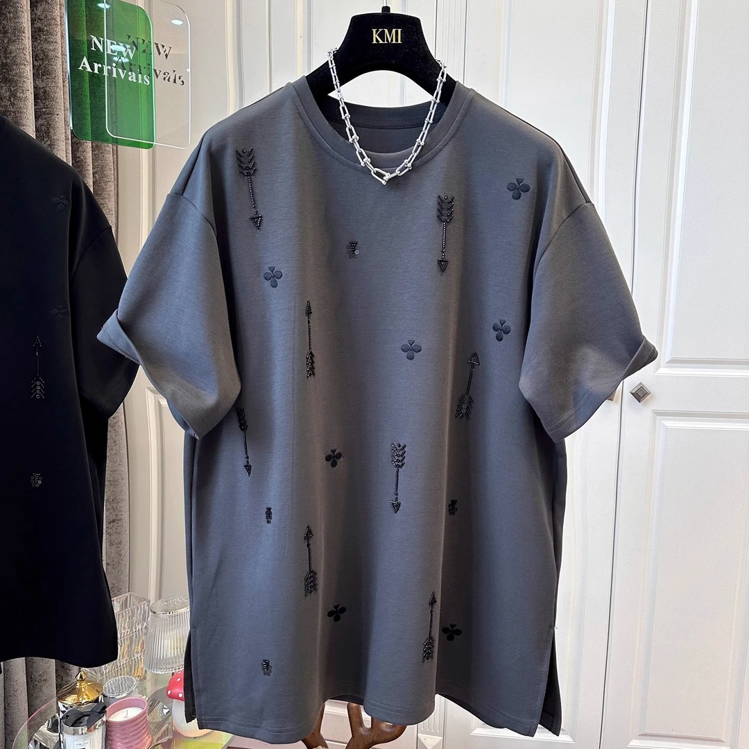 夏季300斤加大码时尚潮酷钉珠设计感短袖T恤男女宽松洋气重磅上衣