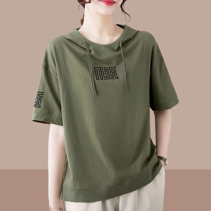军绿色纯棉连帽短袖t恤女2024夏季新款大码胖MM宽松显瘦半袖上衣