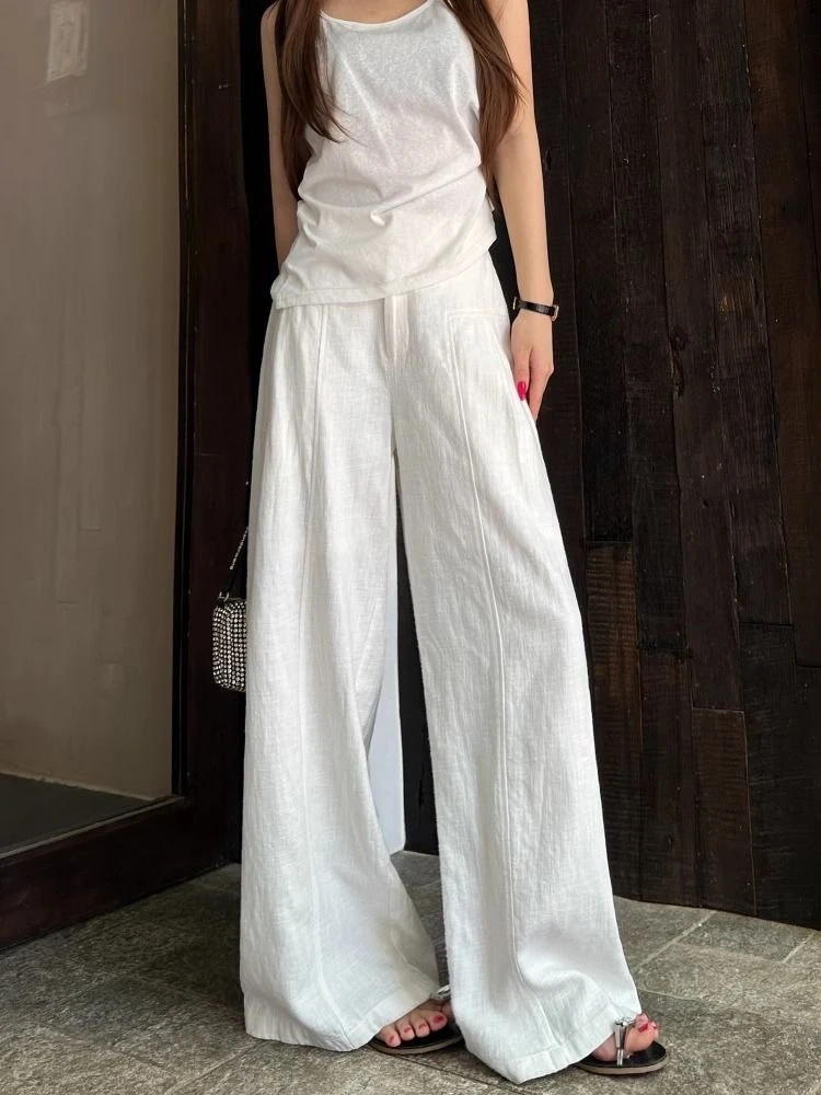 白色亚麻苎麻阔腿裤女夏季薄款高腰垂感老钱风西装直筒棉麻休闲裤
