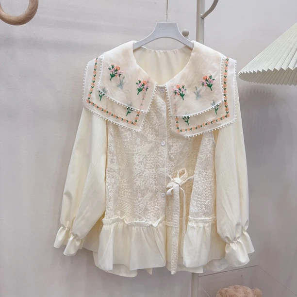 胖胖家*8802新款海军领减龄刺绣洋气收腰衬衫马甲百搭显瘦两件套