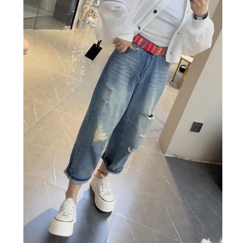 牛仔裤女2025年夏季新款裤子显瘦高腰小个子九分裤破洞时尚哈伦裤