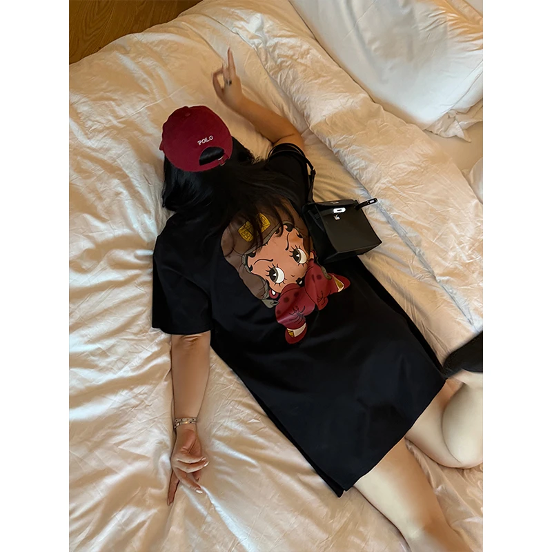 铅笔小鑫大码女装 松弛出街 复古卡通 贝蒂印花连衣裙