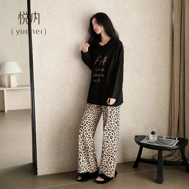 悦内睡衣女春秋款秋季纯棉长袖家居服秋冬休闲时尚圆领可外穿豹纹