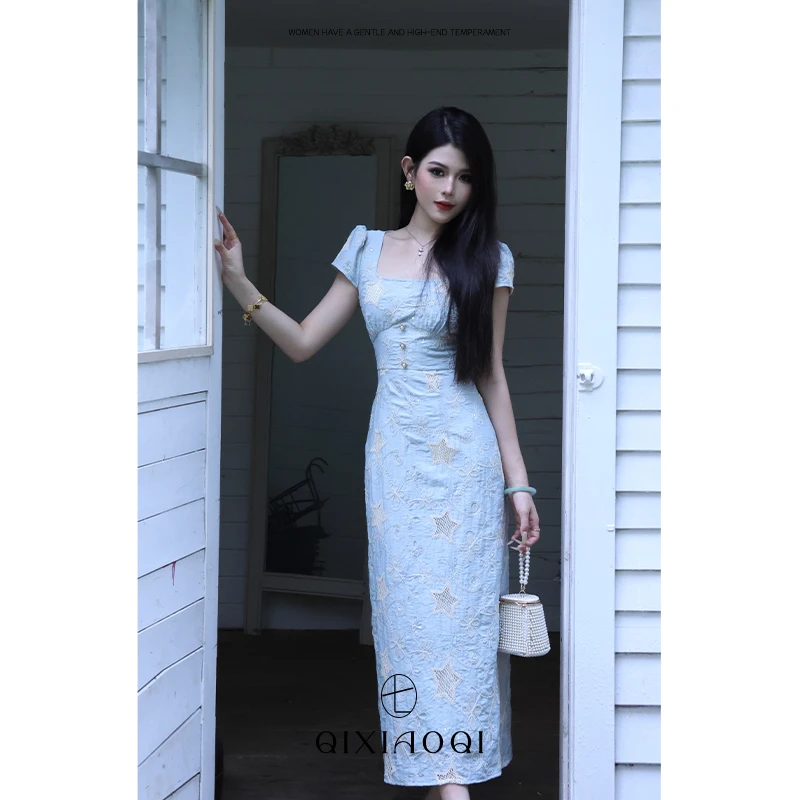 七小七Sicily【 浮光塞纳】法式方领蓝色重工勾花亮片连衣裙女夏季
