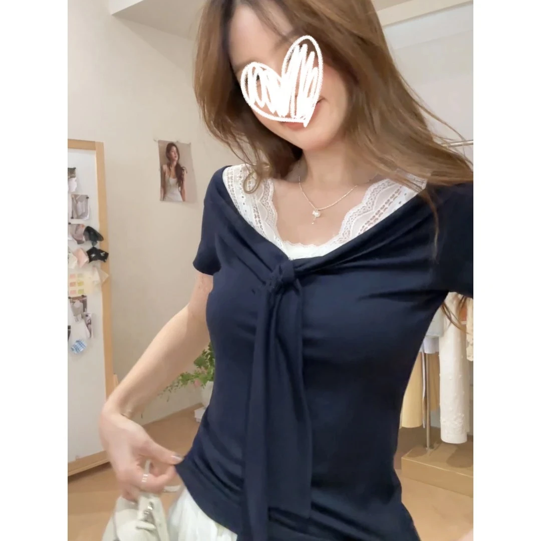 拼接蝴蝶结V领透气蕾丝短袖T恤性感法式山系清气质显瘦大码上衣夏