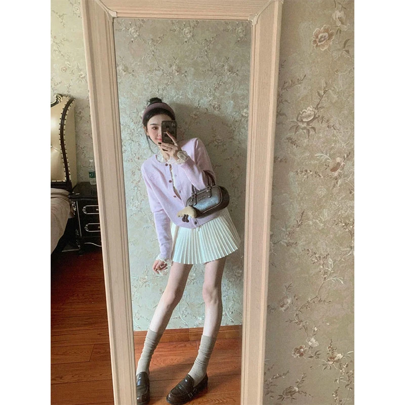 新款甜美风休闲百搭气质时尚长袖针织开衫高腰修身显瘦a字半身裙