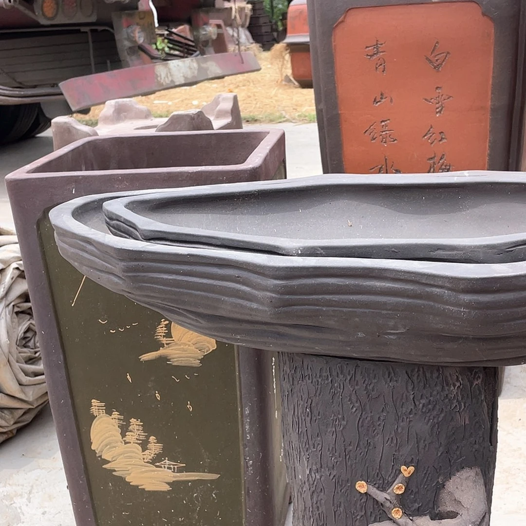 紫砂一套手工盆异形