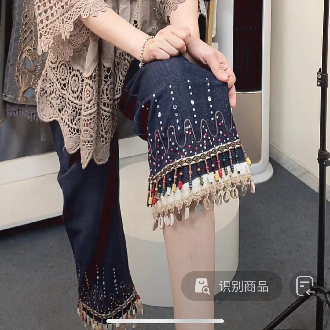 国风刺绣牛仔裤女春夏季薄款2025复古刺绣花边牛仔裤直筒阔腿裤