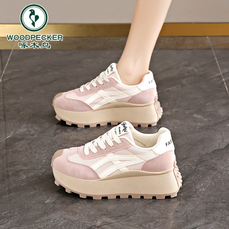 【正品】啄木鸟女鞋运动鞋夏季透气网面跑步鞋增高厚底阿甘老爹鞋子