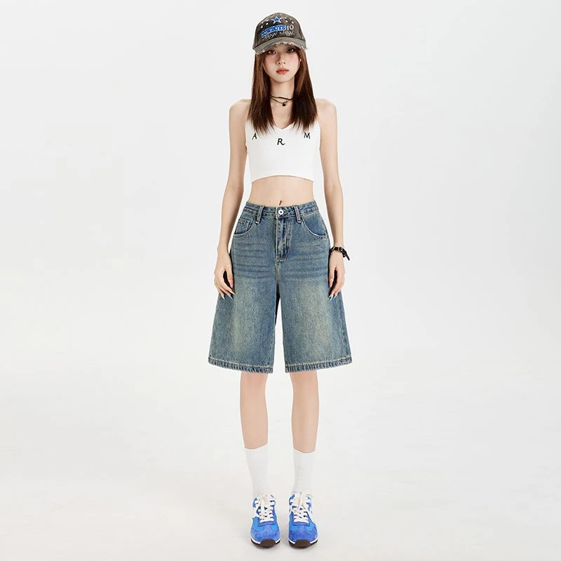 复古五分牛仔短裤女2025年夏季新款高腰宽松休闲百搭显瘦阔腿中裤