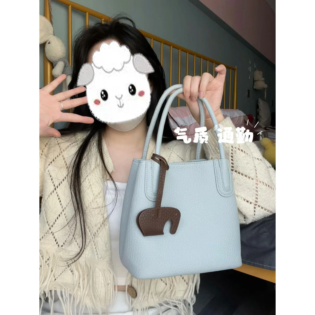 韩系小众菜篮子水桶包包女士2025斜挎手提包荔枝纹通勤单肩托特包