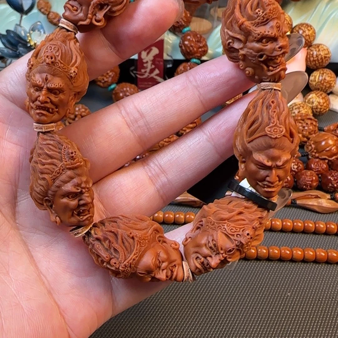 橄榄核手串/手链宽2.0鸡血红水晶核八大明王手持