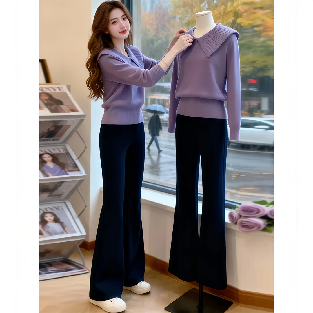 兹伊翰【紫气东来】时尚紫色套装女秋冬季百搭翻领上衣阔腿裤两件套