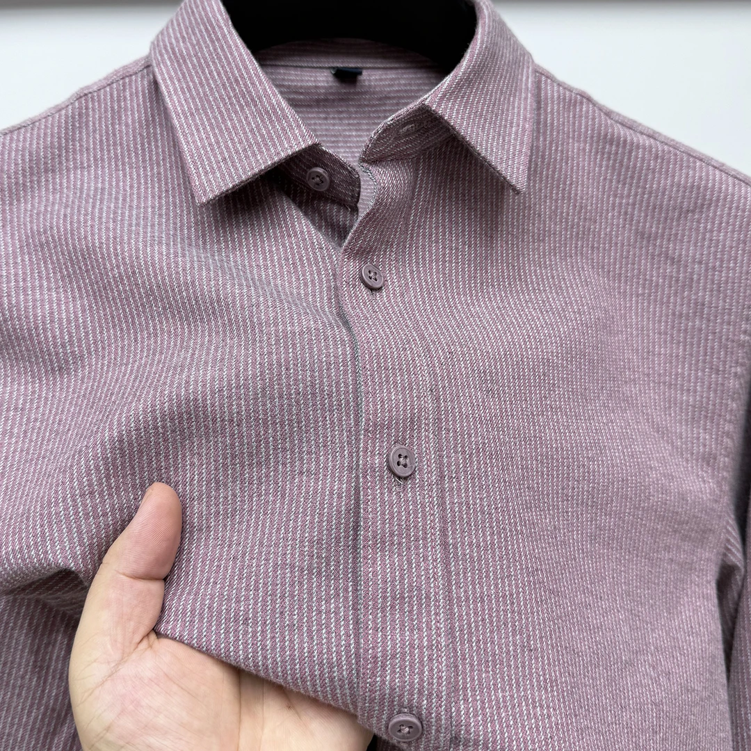 in cotton sea高档竖条纹长袖衬衫男士秋冬舒适保暖磨毛商务寸衫